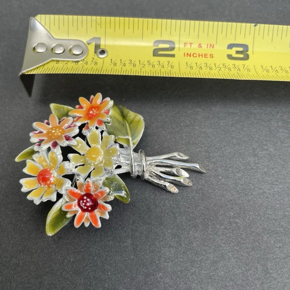 Vintage Liz Claiborne Colorful Enameled Flower‎ Bouquet Silver Tone Brooch Event